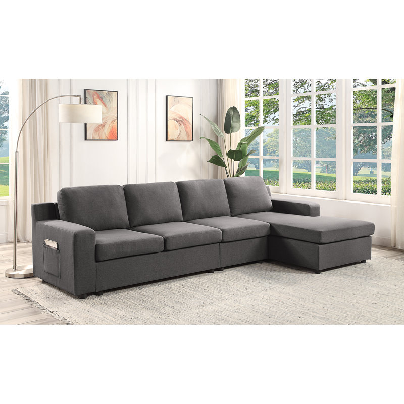 LILOLA Waylon Gray Linen 4Seater Sectional Sofa Chaise with Pocket
